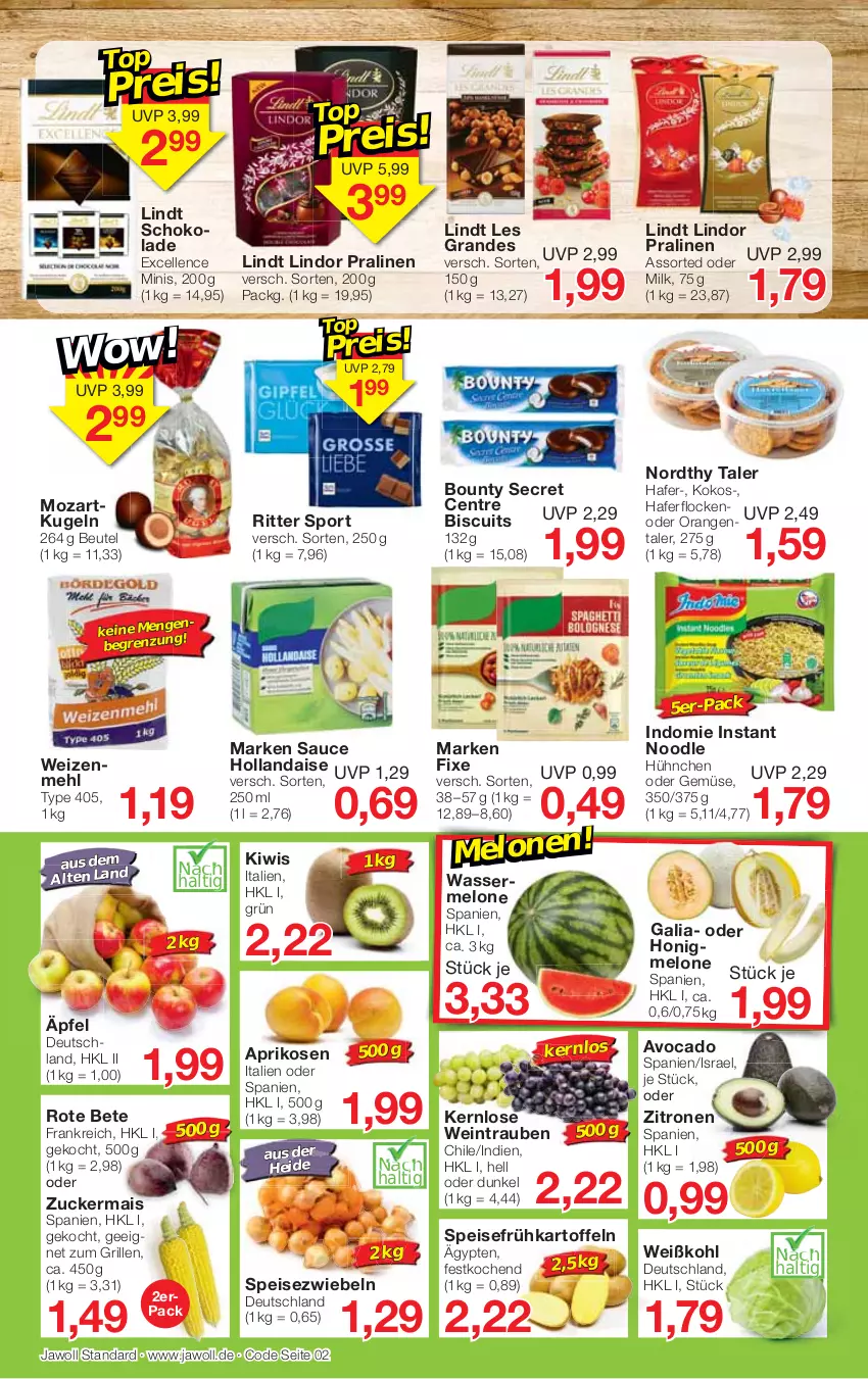 Aktueller Prospekt Jawoll - Prospekte - von 26.06 bis 02.07.2022 - strona 2 - produkty: aprikose, aprikosen, avocado, beutel, bounty, eis, elle, Frühkartoffeln, grill, hafer, haferflocken, hollandaise, honig, honigmelone, kartoffel, kartoffeln, kiwi, kokos, Kugel, lindor, lindt, mais, mehl, melone, orange, orangen, pralinen, ritter, ritter sport, rote bete, sauce, sauce hollandaise, schoko, schokolade, speisefrühkartoffeln, Speisezwiebeln, Sport, Ti, trauben, type 405, wasser, wassermelone, wein, Weißkohl, weizenmehl, zitrone, zitronen, zucker, zuckermais, zwiebel, zwiebeln