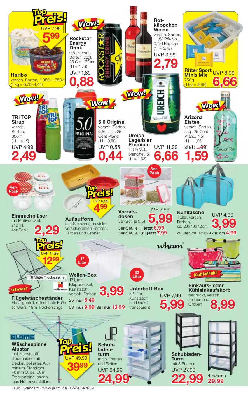 Aktueller Prospekt Jawoll - Prospekte - von 26.06 bis 02.07.2022 - strona 4 - produkty: bett, bier, decke, Deckel, drink, einkaufskorb, eis, eistee, elle, energy drink, flasche, gin, Gläser, haribo, korb, kühltasche, Lagerbier, leine, LG, mac, reis, ritter, ritter sport, Rockstar, rotkäppchen, schubladen, Schubladenturm, sirup, Sport, Tasche, tee, Ti, wäschespinne, wein, weine