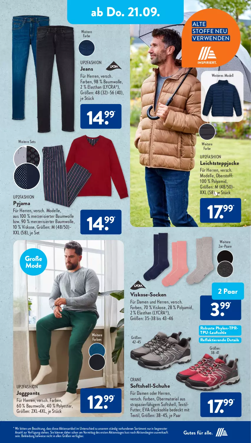 Aktueller Prospekt AldiSud - IN ZWEI WOCHEN - von 18.09 bis 23.09.2023 - strona 17 - produkty: Bau, baumwolle, decksohle, dell, eis, elle, gin, Hylo, Jacke, jeans, kleid, Kleidung, Mode, Pants, Pyjama, Ria, rwe, schuhe, socken, Steppjacke, Ti, Tiere, up2fashion, wolle, ZTE