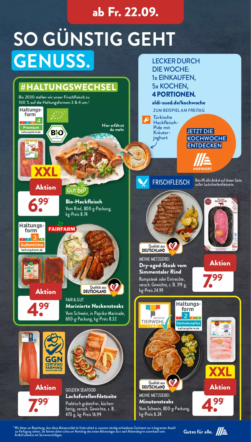 Aktueller Prospekt AldiSud - IN ZWEI WOCHEN - von 18.09 bis 23.09.2023 - strona 23 - produkty: aldi, bio, Bio-Hackfleisch, decke, eis, elle, entrecôte, filet, filets, fleisch, forelle, gin, gsw, hackfleisch, HP, joghur, joghurt, kräuter, küche, Küchen, lachs, marinade, minutensteaks, Nackensteak, nackensteaks, nuss, paprika, reis, rel, rind, rum, rumpsteak, schwein, sim, steak, steaks, Ti, tisch, wein, ZTE