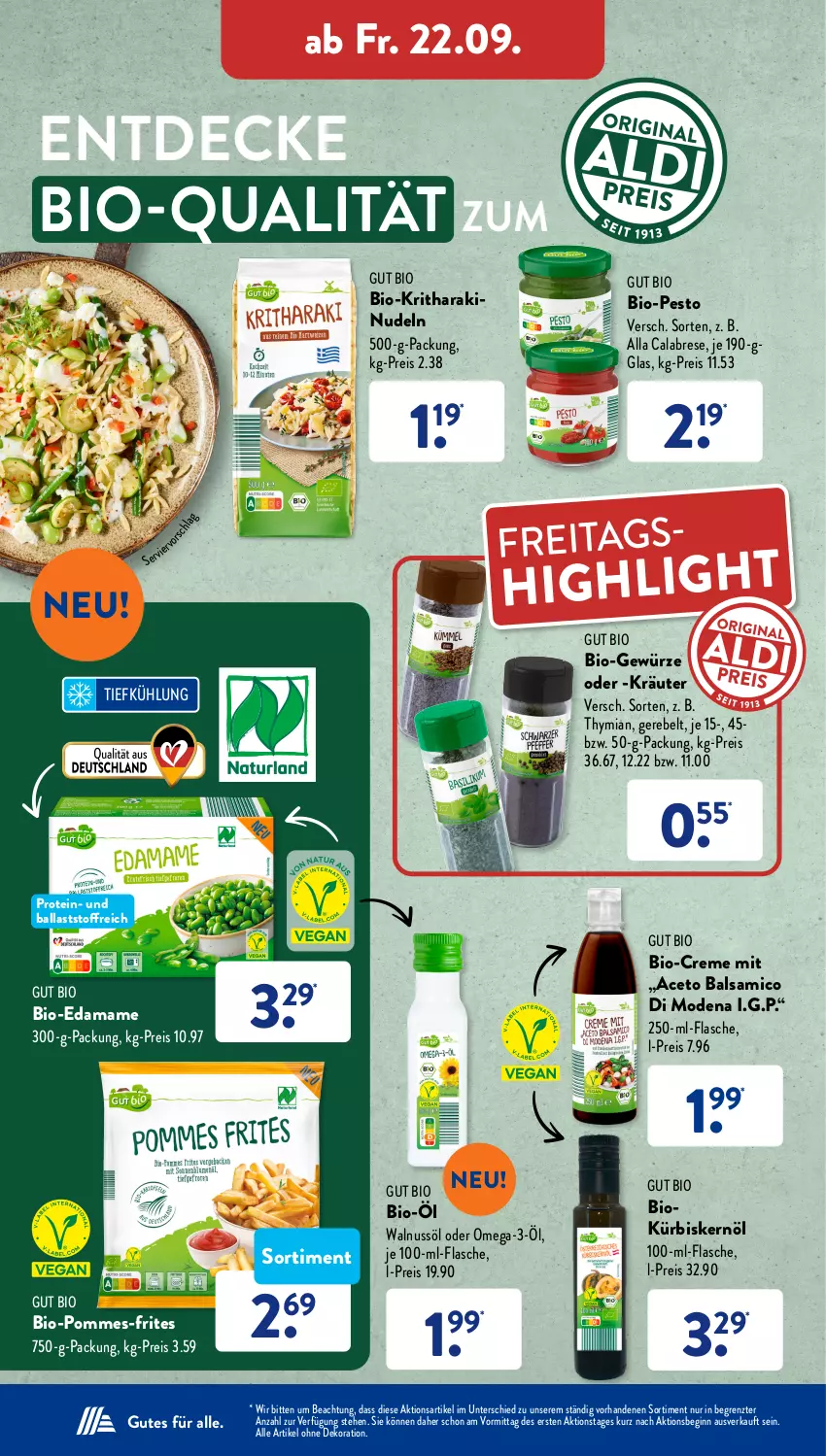 Aktueller Prospekt AldiSud - IN ZWEI WOCHEN - von 18.09 bis 23.09.2023 - strona 24 - produkty: aceto, aceto balsamico, alle artikel ohne dekoration, ball, balsam, balsamico, bio, creme, decke, dekoration, eis, flasche, gewürz, gin, kräuter, Kürbis, Kürbiskernöl, mam, Mode, nudel, nudeln, nuss, omega, Omega-3, pesto, pommes, pommes-frites, reis, Ti, walnuss, ZTE