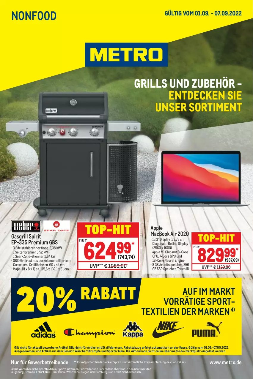 Aktueller Prospekt Metro - NonFood - von 01.09 bis 07.09.2022 - strona 1 - produkty: Apple, auto, decke, edelstahl, eis, elle, erde, Fahrrad, gasgrill, gin, grill, grillfläche, grillrost, Grills und Zubehör, LG, mac, macbook, macbook air, Metro, reis, schuhe, Sport, sportschuhe, ssd, strümpfe, teller, Ti, tisch, top-hit