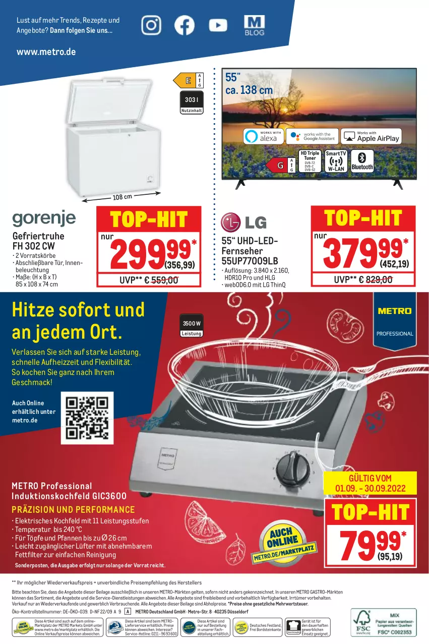 Aktueller Prospekt Metro - NonFood - von 01.09 bis 07.09.2022 - strona 20 - produkty: abholpreise, Abtei, angebot, angebote, auer, beleuchtung, eis, elle, fernseher, ilag, induktionskochfeld, kochfeld, LG, lieferservice, mac, Metro, metro gastro, pfanne, pfannen, Rauch, Reinigung, reis, rezept, rezepte, rwe, sonderposten, teller, Ti, top-hit, uhd, und pfanne