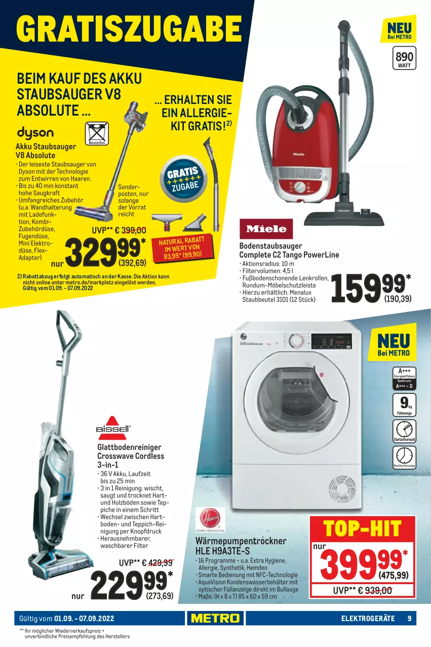 Aktueller Prospekt Metro - NonFood - von 01.09 bis 07.09.2022 - strona 9 - produkty: adapter, akku, aqua, auto, Behälter, beutel, bodenstaubsauger, Dyson, eis, Elektro, elektrogeräte, elle, erde, hemd, hemden, Holz, kraft, LG, menalux, Metro, möbel, natur, natura, reiniger, Reinigung, reis, staubbeutel, staubsauger, teller, teppich, teppiche, Ti, tisch, top-hit, Trockner, wandhalterung, wärmepumpentrockner, wasser