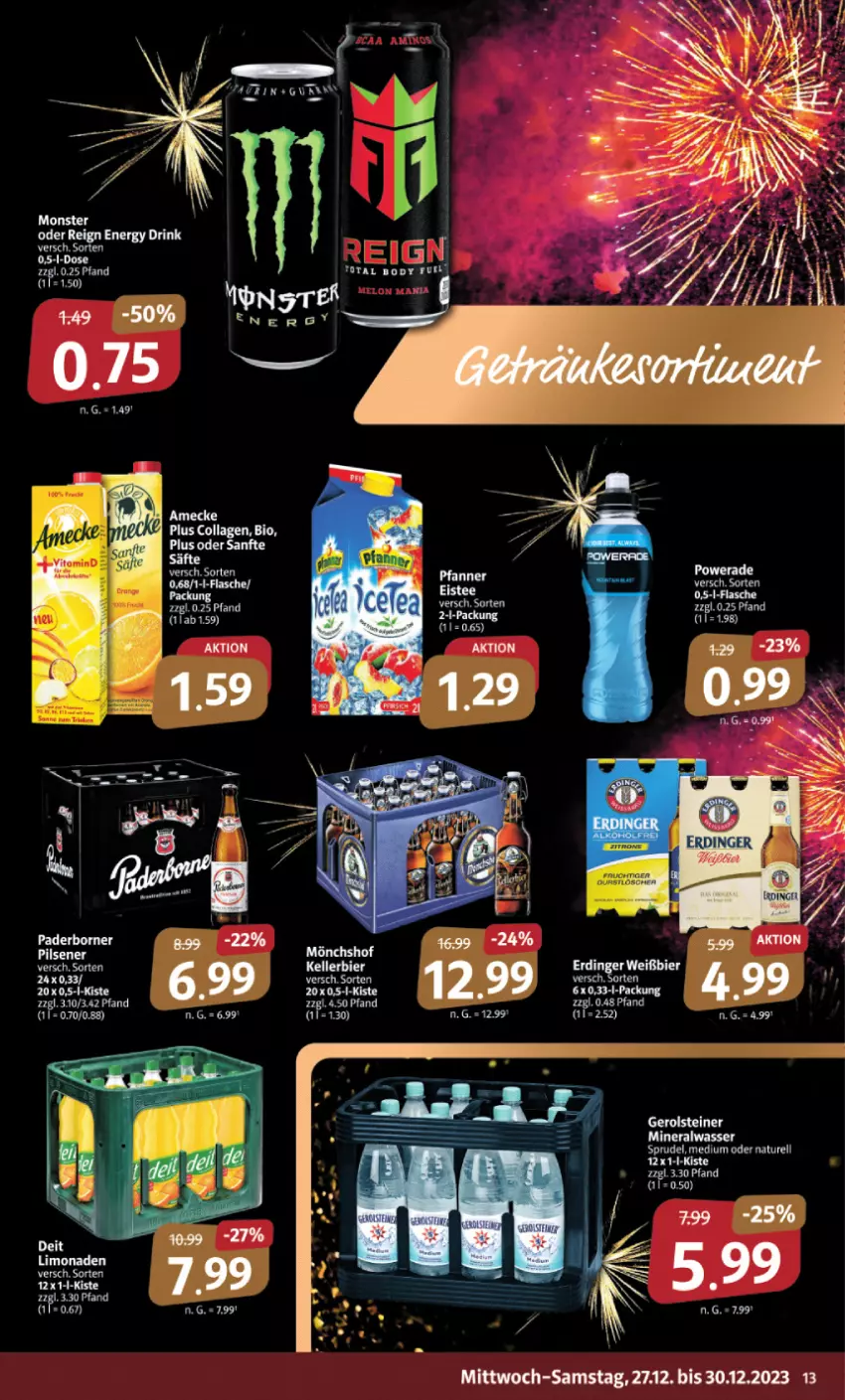 Aktueller Prospekt Markant - Prospekte - von 27.12 bis 30.12.2023 - strona 13 - produkty: amecke, Bau, bier, cin, erdinger, limo, limonade, limonaden, monster, natur, rel, Sprudel, tee, Ti