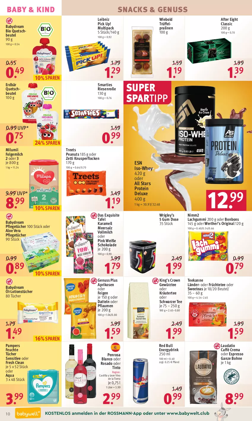 Aktueller Prospekt Rossmann - Prospekte - von 14.03 bis 18.03.2022 - strona 10 - produkty: after eight, aloe vera, aprikose, aprikosen, aqua, asti, babydream, beutel, bio, bohne, bonbons, caffè crema, Datteln, drink, Erdbär, espresso, Feigen, feuchte tücher, folgemilch, früchte, Früchtetee, gewürz, gin, karamell, Knusperflocken, kräuter, lachgummi, leibniz, LG, Lotion, meersalz, milch, nimm2, nuss, oder espresso, oder kräuter, pampers, pflaume, pflaumen, Pick Up!, pralinen, quetschbeutel, red bull, salz, schoko, schokolade, schwarzer tee, smarties, snack, snacks, spartipp, tee, teekanne, Ti, Trüffel, tücher, vollmilch, Weiße Schokolade, ZTE