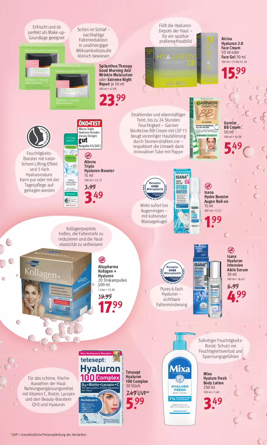 Aktueller Prospekt Rossmann - Prospekte - von 14.03 bis 18.03.2022 - strona 14 - produkty: Altapharma, alterra, asti, bio, body, body lotion, cin, eis, elle, erde, garnier, hyaluron, isana, Kollagen, Kugel, Lotion, Make-up, Mixa, Q10, reis, ring, roll-on, rum, sana, Serum, Tagespflege, teller, Ti, vita, Vitamin C