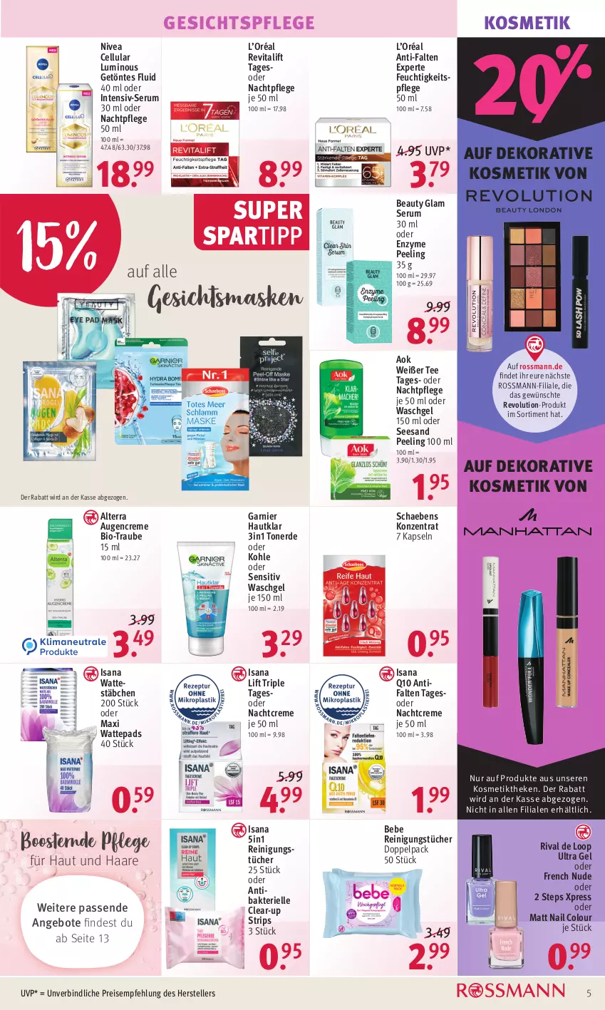 Aktueller Prospekt Rossmann - Prospekte - von 14.03 bis 18.03.2022 - strona 5 - produkty: alterra, angebot, angebote, anti-falten experte, Bebe, bio, Clear-up strips, creme, eis, elle, erde, feuchtigkeitspflege, garnier, Gesichtsmaske, gesichtspflege, isana, kosmetik, Maske, nachtcreme, nachtpflege, nivea, Peeling, Q10, Reinigung, reinigungstücher, reis, Revital, revitalift, rum, sana, Schaebens, Serum, spartipp, tee, teller, Ti, Toner, tücher, vita, waschgel, wattepads, Wattestäbchen