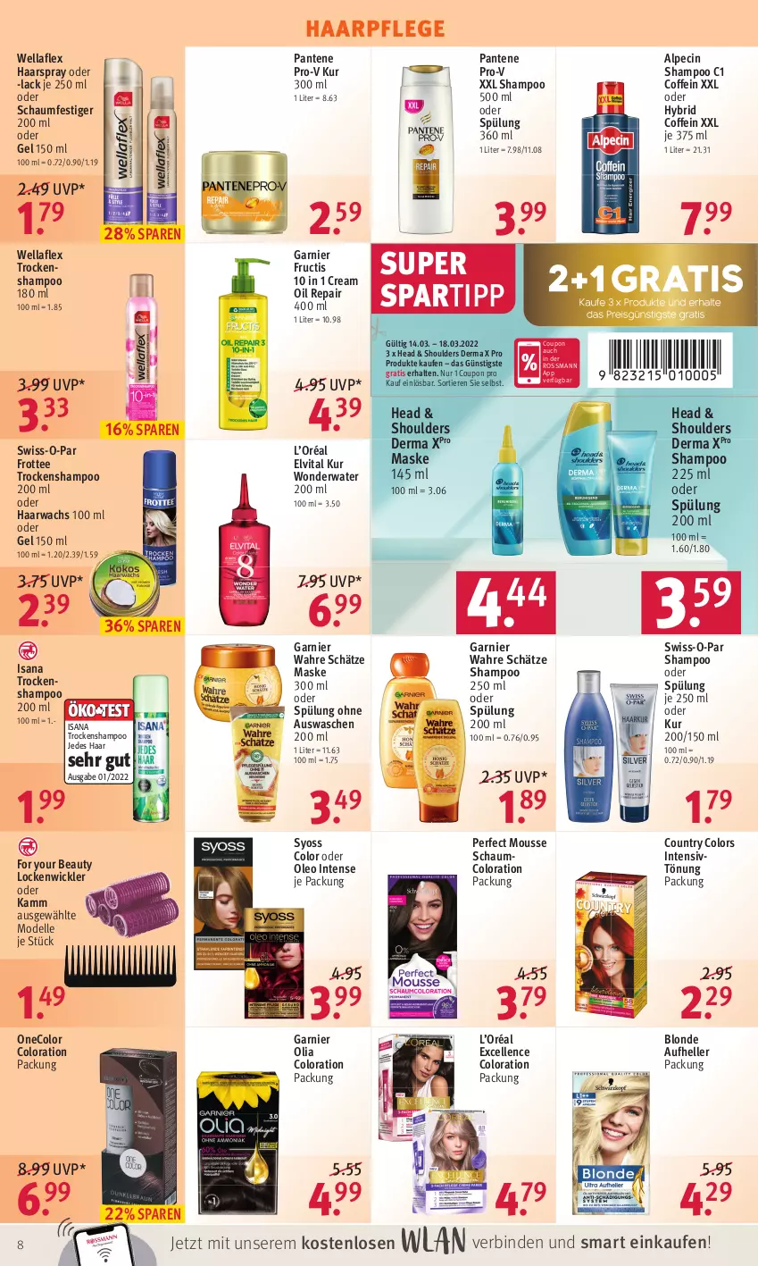 Aktueller Prospekt Rossmann - Prospekte - von 14.03 bis 18.03.2022 - strona 8 - produkty: alpecin, binden, cin, coffein, coupon, dell, elle, elvital, For Your Beauty, fructis, garnier, haarpflege, haarspray, Intensivtönung, isana, lack, Lockenwickler, Maske, Mode, mousse, oder schaumfestiger, pantene, pantene pro-v, pro-v, sana, schaumfestiger, shampoo, shampoo 250 ml, shampoo oder spülung, spartipp, spülung, spülung 200 ml, Swiss-o-Par, syoss, tee, Ti, Tiere, Trockenshampoo, vita, Wahre Schätze, Wella, wellaflex, WICK, Yo