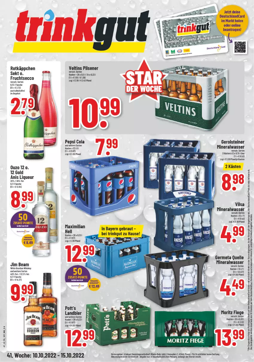 Aktueller Prospekt Trinkgut - von 10.10 bis 15.10.2022 - strona 1 - produkty: alkohol, Alwa, angebot, angebotspreis, bier, bourbon, bourbon whiskey, cola, deka, deutschlandcard, ecco, eis, elle, erde, flasche, frucht, fruchtsecco, Germ, gerolsteine, gerolsteiner, jim beam, LG, liqueur, mineralwasser, pepsi, Pepsi Cola, pils, pilsener, reis, rotkäppchen, sekt, steiner, Ti, uhr, veltins, veltins pilsener, vilsa, wasser, whiskey