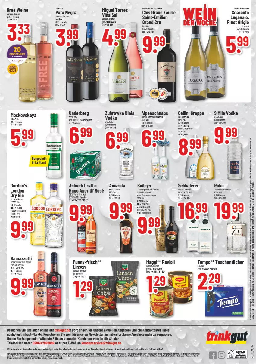 Aktueller Prospekt Trinkgut - von 10.10 bis 15.10.2022 - strona 4 - produkty: alkohol, amarula, angebot, angebote, angebotspreis, aperitif, asbach uralt, baileys, beutel, bree, Brei, cola, creme, deka, deutschlandcard, dry gin, eis, elle, erde, espresso, fisch, fische, flasche, funny-frisch, gin, gordon, Gordon’s, grappa, hugo, irish cream, LG, lieferservice, limo, linsen, lion, maggi, oder espresso, Pinot, pinot grigio, rama, ravioli, reis, rel, Schladerer, Tasche, taschen, taschentücher, telefon, Tempo, Ti, Tiere, tücher, uhr, underberg, vodka, wein, weine, ZTE