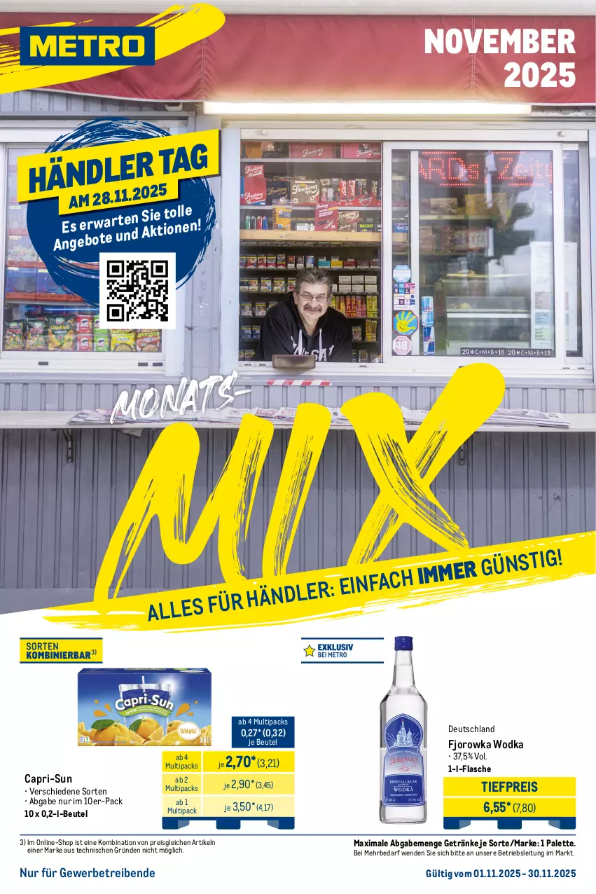 Aktueller Prospekt Metro - Monats-Mix - von 01.11 bis 30.11.2025 - strona 1 - produkty: angebot, angebote, beutel, Cap, capri-sun, eis, flasche, getränk, getränke, Palette, reis, Ti, tiefpreis, wodka