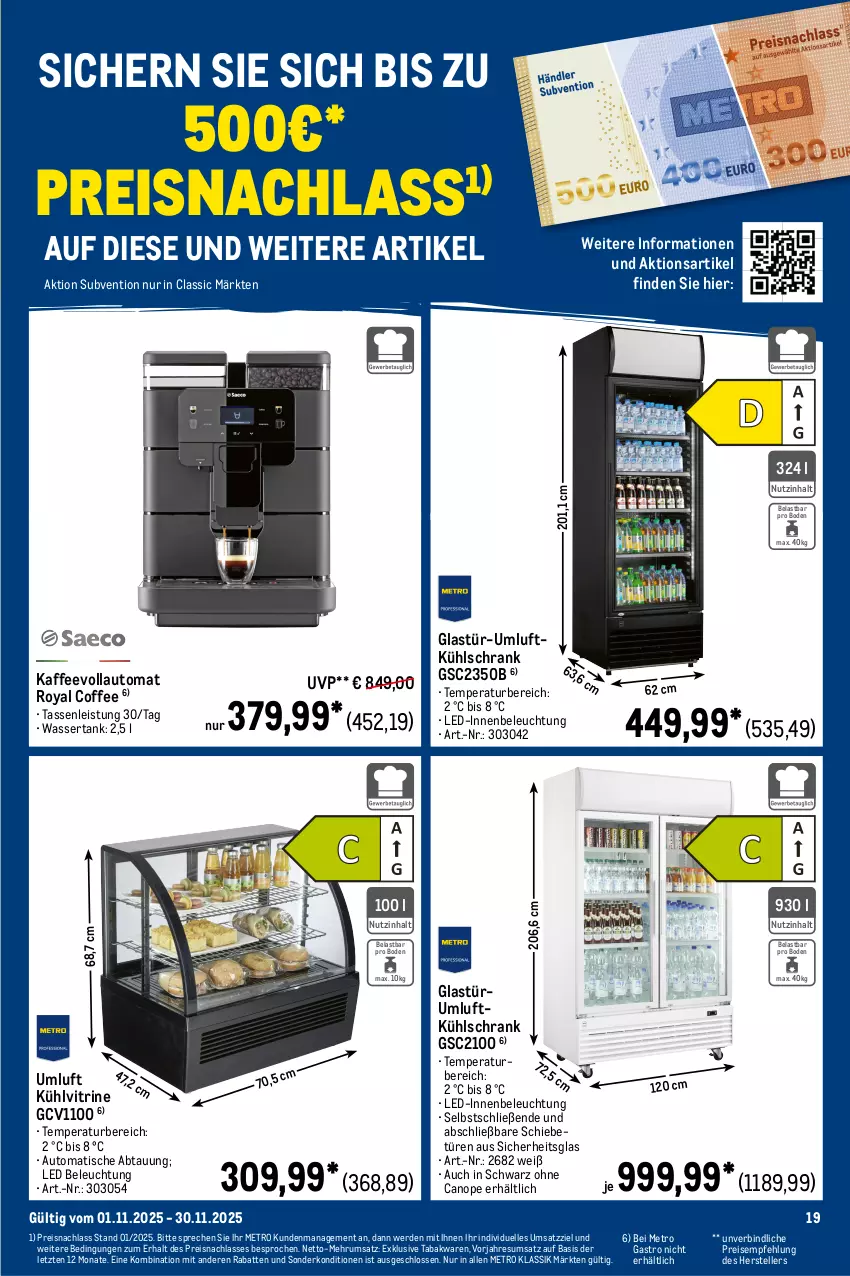 Aktueller Prospekt Metro - Monats-Mix - von 01.11 bis 30.11.2025 - strona 19 - produkty: angebot, auto, beleuchtung, beutel, bifi, bratwurst, brötchen, coppenrath, eis, elle, erde, gin, Glastür, Goldstücke, kaffee, kaffeevollautomat, kühlschrank, Metro, reis, rum, sandwich, Schrank, snack, Sucuk, tasse, teller, Ti, tiefpreis, tisch, vitrine, wasa, wasser, wassertank, wurst, ZTE