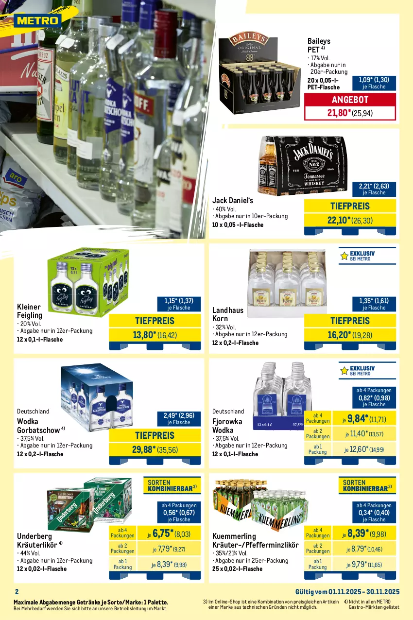 Aktueller Prospekt Metro - Monats-Mix - von 01.11 bis 30.11.2025 - strona 2 - produkty: angebot, baileys, chantré, cola, eis, flasche, Germ, getränk, getränke, gin, Gorbatschow, gordon, gordons, jack daniel, jägermeister, johnnie walker, kleiner feigling, korn, kräuter, kräuterlikör, kuemmerling, leine, likör, Meister, merl, Metro, Palette, pet-flasche, pfeffer, pfefferminzlikör, reis, smirnoff, Three Sixty, Ti, tiefpreis, tonic, underberg, vodka, wein, weinbrand, wodka
