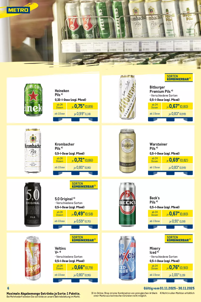 Aktueller Prospekt Metro - Monats-Mix - von 01.11 bis 30.11.2025 - strona 6 - produkty: angebot, bitburger, burger, desperados, eis, elle, flasche, getränk, getränke, gin, heineken, karlsberg, karlsberg mixery, krombache, krombacher, krombacher pils, Metro, Mixer, mixery, Palette, pils, pilsener, premium pils, reis, Ria, rwe, steiner, teller, tequila, Ti, veltins, warsteiner, Zelt