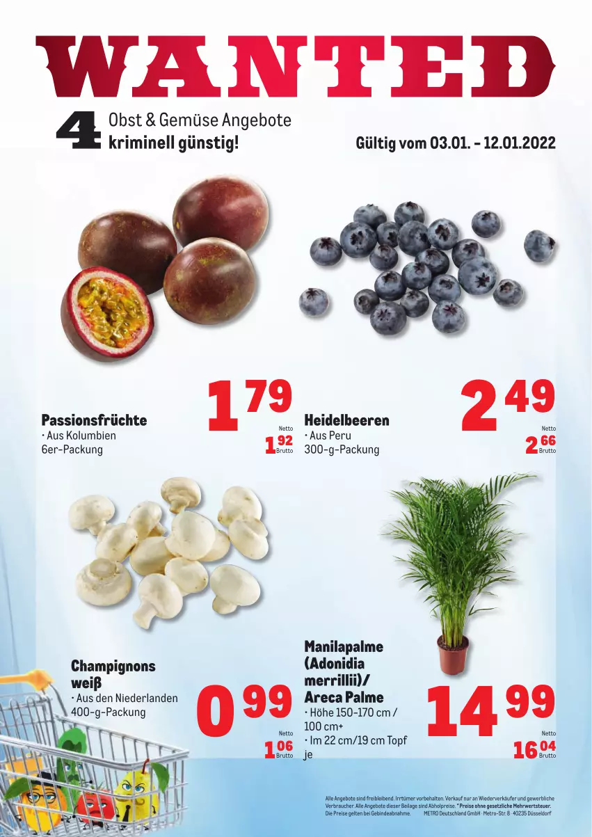 Aktueller Prospekt Metro - Obst & Gemüse Frischepreise - von 03.01 bis 12.01.2022 - strona 1 - produkty: abholpreise, angebot, angebote, beere, beeren, brut, champignon, champignons, eis, früchte, heidelbeere, heidelbeeren, ilag, Metro, obst, Rauch, reis, rwe, Ti, topf