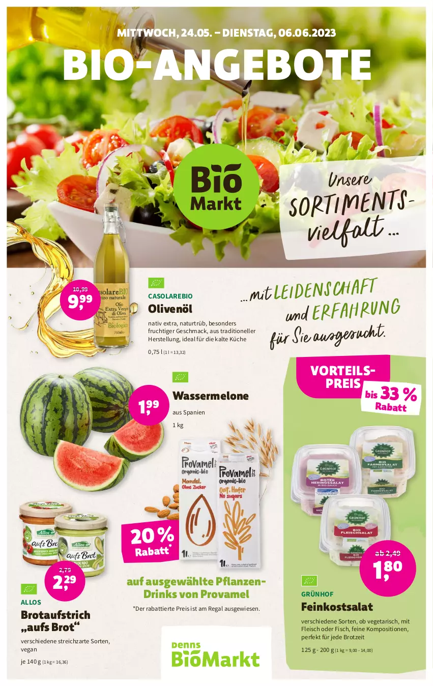 Aktueller Prospekt Denns Biomarkt - Prospekte - von 24.05 bis 06.06.2023 - strona 1 - produkty: angebot, angebote, aufstrich, bio, brot, brotaufstrich, drink, drinks, eis, elle, feinkost, fisch, fleisch, frucht, küche, mac, melone, natur, olive, oliven, olivenöl, pflanze, pflanzen, regal, reis, salat, Streichzart, Ti, Vegeta, vorteilspreis, wasser, wassermelone