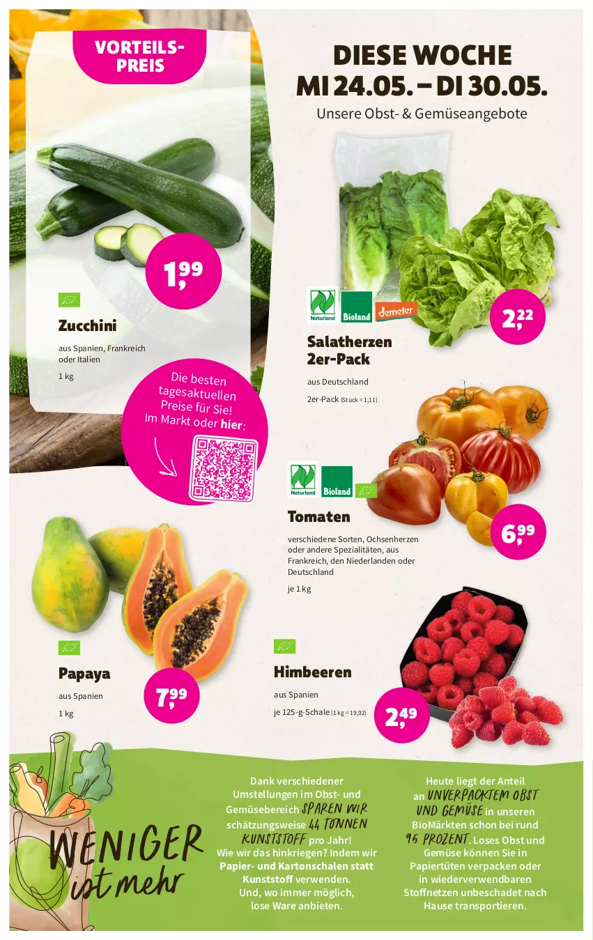 Aktueller Prospekt Denns Biomarkt - Prospekte - von 24.05 bis 06.06.2023 - strona 2 - produkty: angebot, angebote, beere, beeren, bio, eis, elle, gsw, Heu, himbeer, himbeere, himbeeren, obst, Obst und Gemüse, Papaya, papier, Papiertüte, reis, rwe, salat, salatherzen, Schal, Schale, Spezi, Sport, Ti, Tiere, tomate, tomaten, Tüte, und gemüse, vorteilspreis, zucchini