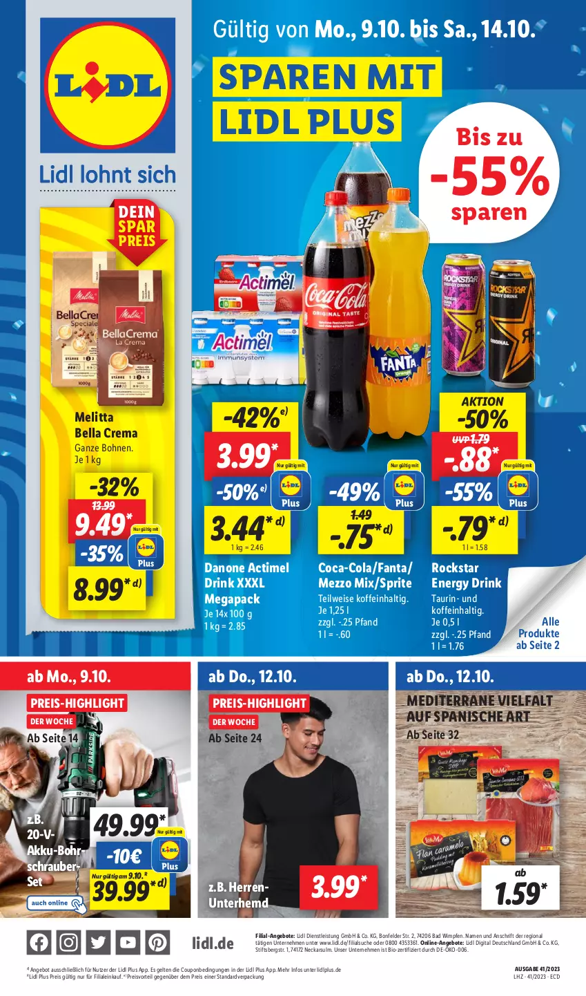 Aktueller Prospekt Lidl - Aktionsprospekt - von 09.10 bis 14.10.2023 - strona 1 - produkty: actimel, actimel drink, akku, akku-bohrschrauber, angebot, angebote, Bad, bella crema, bio, bohne, bohnen, Bohrschrauber, coca-cola, cola, coupon, danone, danone actimel drink, drink, eis, energy drink, fanta, hemd, melitta, Mezzo Mix, preisvorteil, reis, Rockstar, sprite, Ti, Unterhemd