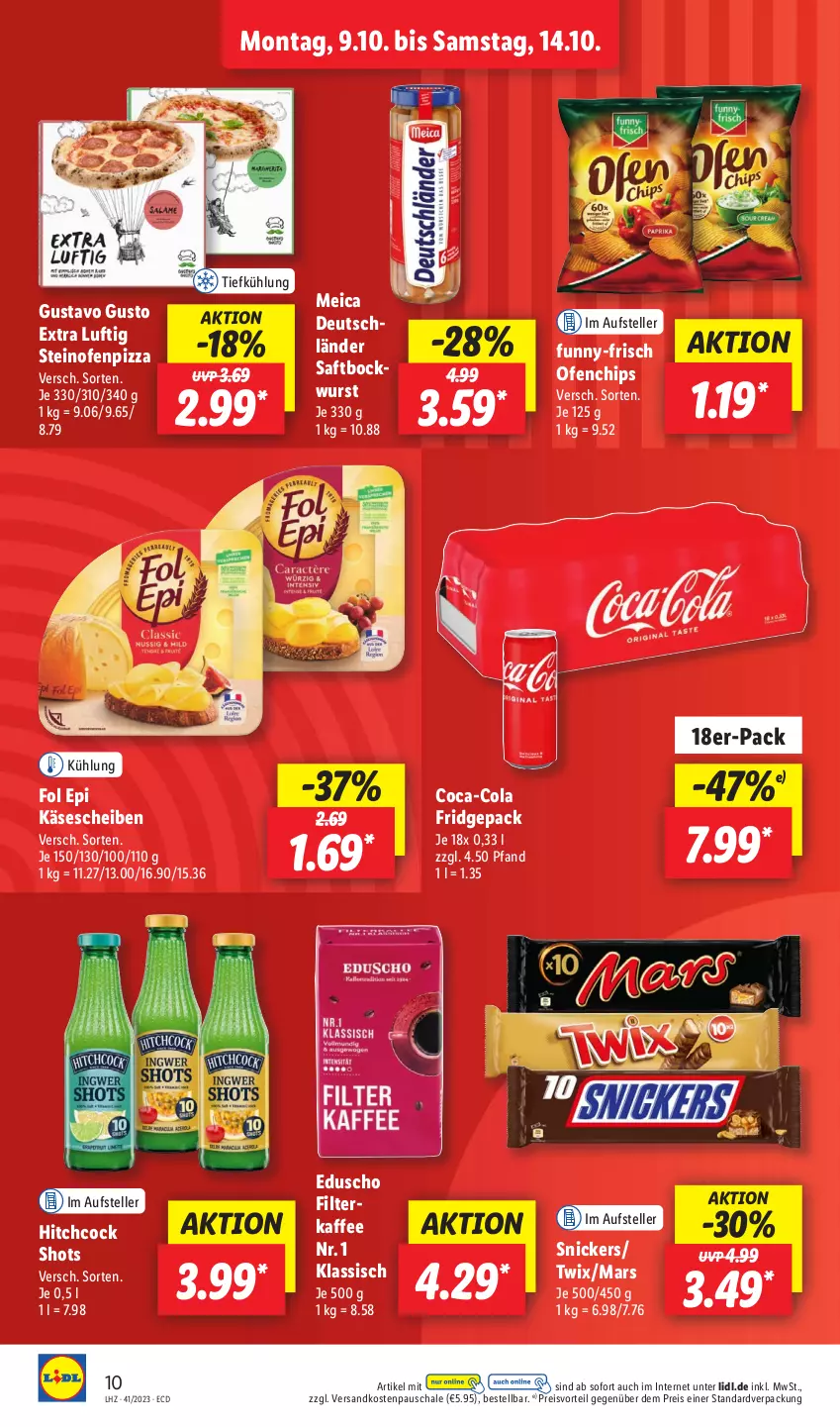 Aktueller Prospekt Lidl - Aktionsprospekt - von 09.10 bis 14.10.2023 - strona 12 - produkty: bockwurst, chips, coca-cola, cola, eduscho, eis, elle, filterkaffee, fol epi, funny-frisch, kaffee, Käse, käsescheiben, mars, meica, ndk, Ofen, pizza, preisvorteil, reis, saft, Schal, Schale, snickers, steinofen, teller, Ti, twix, wurst