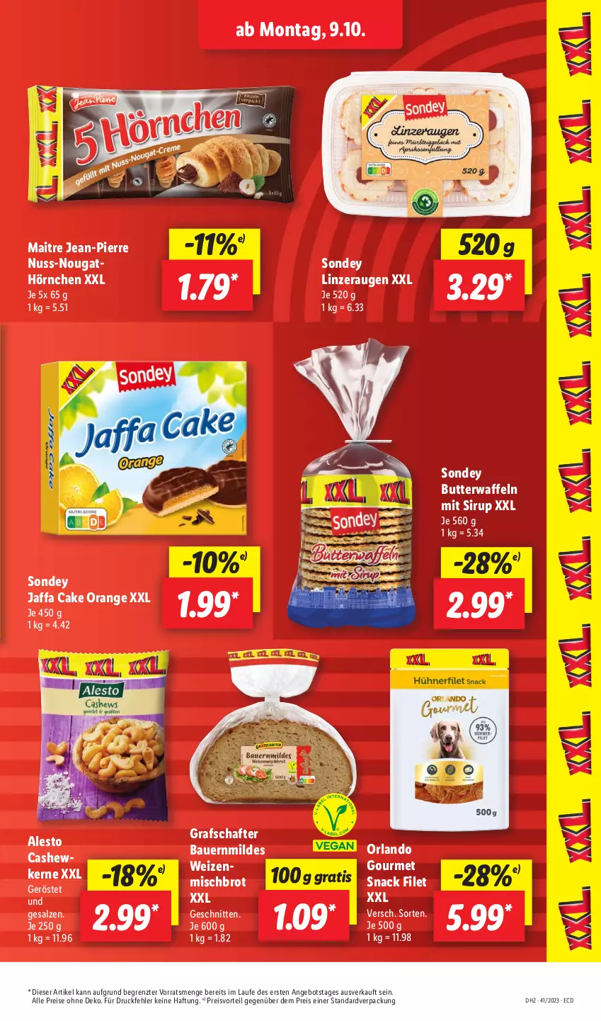 Aktueller Prospekt Lidl - Aktionsprospekt - von 09.10 bis 14.10.2023 - strona 15 - produkty: alesto, angebot, auer, Bau, Bauer, brot, butter, Cashew, cashewkerne, eis, filet, grafschafter, hörnchen, nuss, orange, preisvorteil, reis, salz, schnitten, sirup, snack, Sondey, Ti, waffeln, ZTE