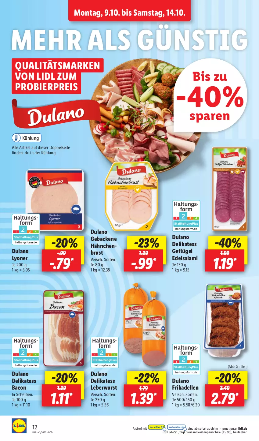 Aktueller Prospekt Lidl - Aktionsprospekt - von 09.10 bis 14.10.2023 - strona 16 - produkty: bacon, bier, dell, dulano, Edelsalami, eis, elle, frikadellen, geback, Geflügel, hähnchenbrust, leberwurst, lyoner, ndk, reis, salami, Schal, Schale, Ti, wurst, Yo