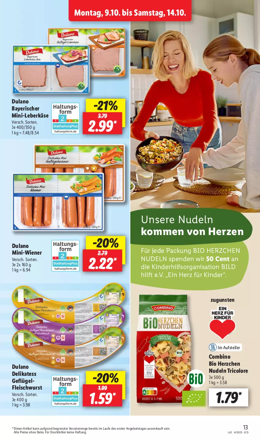 Aktueller Prospekt Lidl - Aktionsprospekt - von 09.10 bis 14.10.2023 - strona 17 - produkty: angebot, bio, dulano, eis, elle, fleisch, fleischwurst, Geflügel, Käse, Kinder, leberkäs, leberkäse, nudel, nudeln, reis, teller, Ti, tricolore, wiener, wurst, ZTE