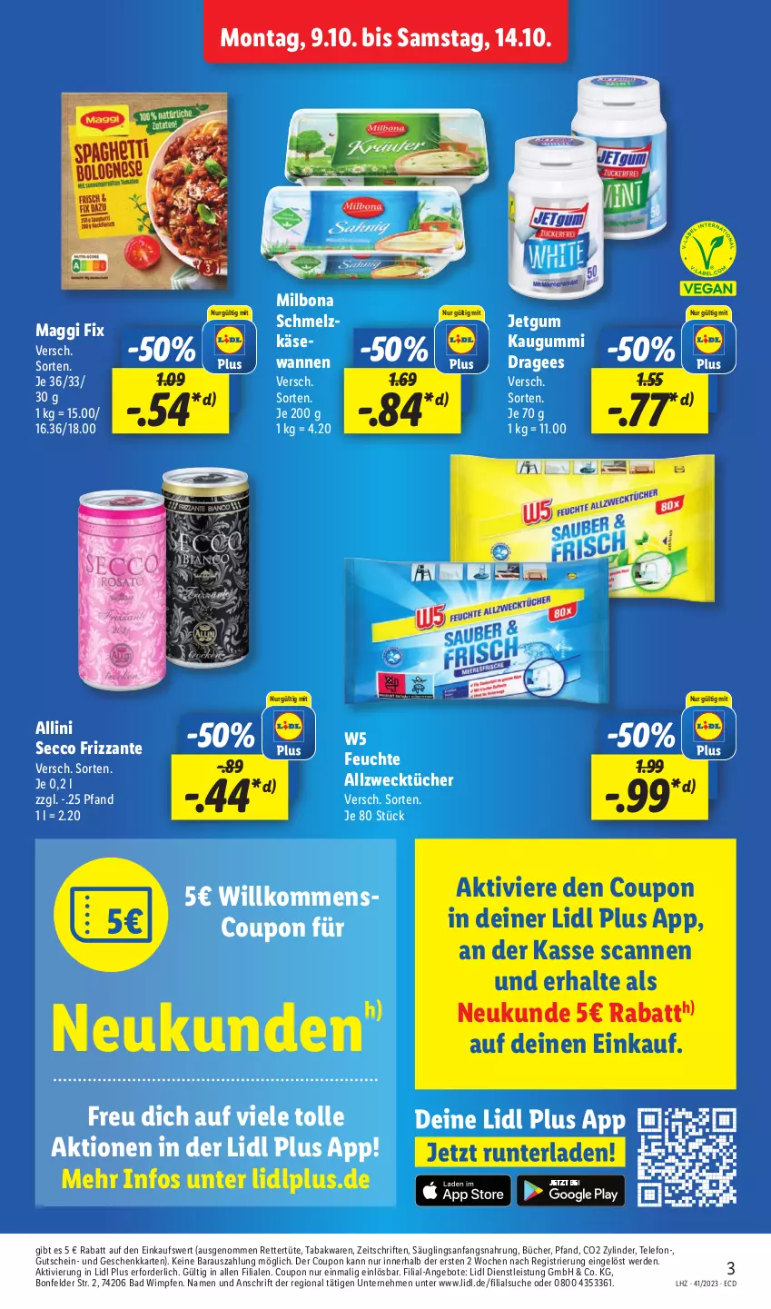 Aktueller Prospekt Lidl - Aktionsprospekt - von 09.10 bis 14.10.2023 - strona 3 - produkty: Allzwecktücher, angebot, angebote, Bad, Bona, coupon, ecco, eis, erde, frizzante, gutschein, Käse, kaugummi, maggi, maggi fix, Milbona, telefon, Ti, tücher, Tüte, Wanne, weck