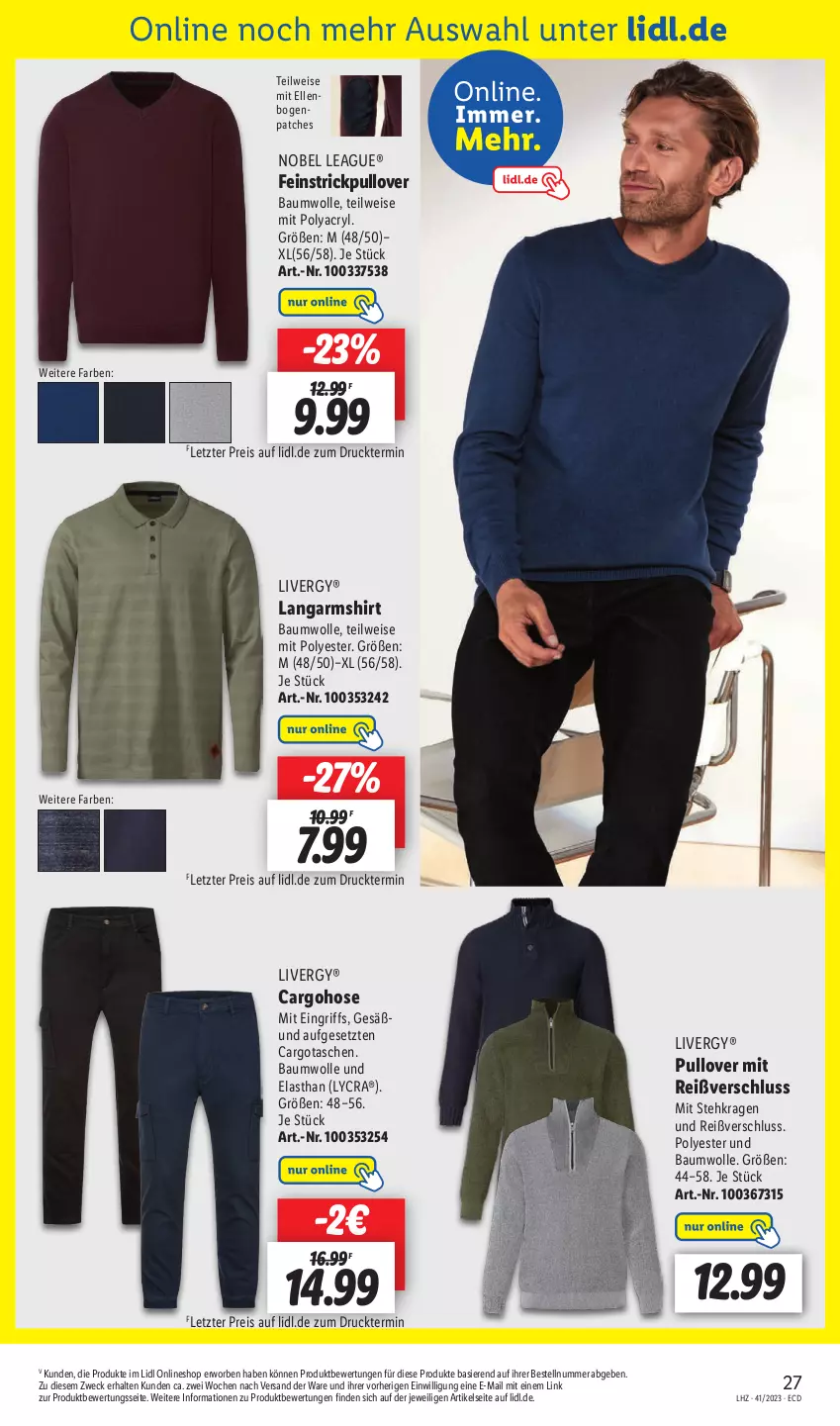 Aktueller Prospekt Lidl - Aktionsprospekt - von 09.10 bis 14.10.2023 - strona 39 - produkty: Bau, baumwolle, eis, elle, hose, Langarmshirt, livergy, Pullover, reis, shirt, Strickpullover, Tasche, taschen, Ti, weck, wolle, ZTE