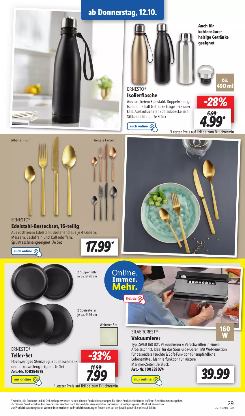 Aktueller Prospekt Lidl - Aktionsprospekt - von 09.10 bis 14.10.2023 - strona 41 - produkty: besteck, besteckset, decke, Deckel, edelstahl, eis, elle, ente, ernesto, flasche, gabel, getränk, getränke, isolierflasche, kaffee, lebensmittel, Löffel, messer, mikrowelle, reis, silvercrest, Speiseteller, spülmaschinen, suppe, suppen, teller, Ti, Vakuumierer, weck, ZTE