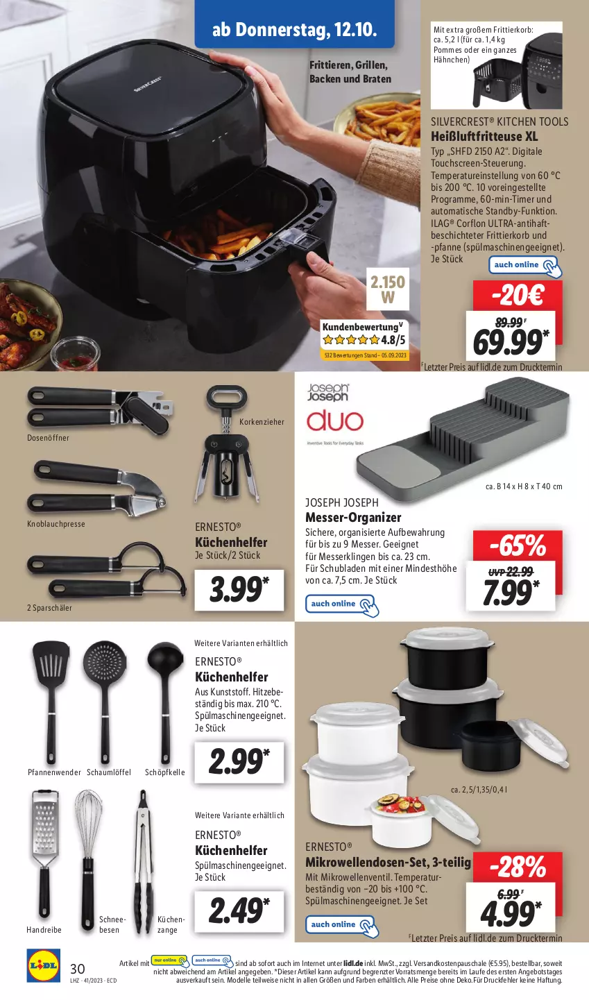 Aktueller Prospekt Lidl - Aktionsprospekt - von 09.10 bis 14.10.2023 - strona 42 - produkty: angebot, auto, braten, dell, Dosenöffner, eis, elle, ernesto, fritteuse, Frittierkorb, grill, Heißluftfritteuse, HP, ilag, knoblauch, Knoblauchpresse, korb, küche, Küchen, Küchenhelfer, Löffel, messer, mikrowelle, Mode, ndk, pfanne, pfannen, Pfannenwender, pommes, reis, Ria, Schal, Schale, schubladen, silvercrest, Ti, Tiere, timer, tisch, touchscreen, ZTE