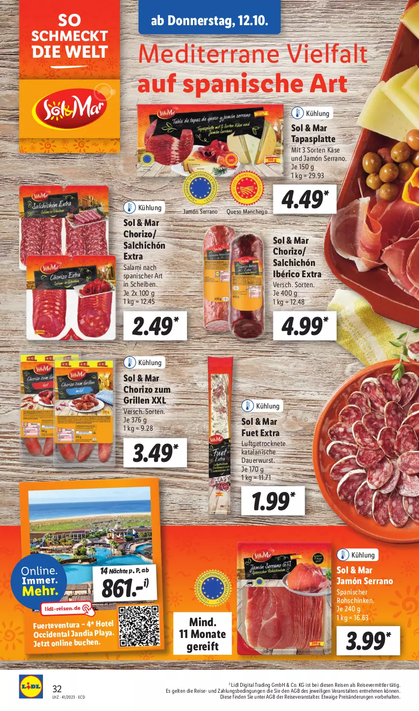 Aktueller Prospekt Lidl - Aktionsprospekt - von 09.10 bis 14.10.2023 - strona 46 - produkty: auer, buch, chorizo, eis, grill, jamón serrano, Käse, latte, Manchego, reis, reiseveranstalter, rohschinken, salami, schinken, serrano, Tapas, Ti, wurst