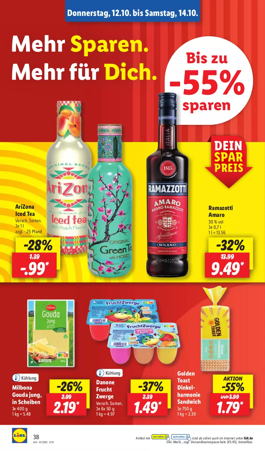 Aktueller Prospekt Lidl - Aktionsprospekt - von 09.10 bis 14.10.2023 - strona 54 - produkty: amaro, Bona, danone, eis, frucht, golden toast, gouda, gouda jung, Milbona, ndk, rama, reis, sandwich, Schal, Schale, Ti, toast, zott