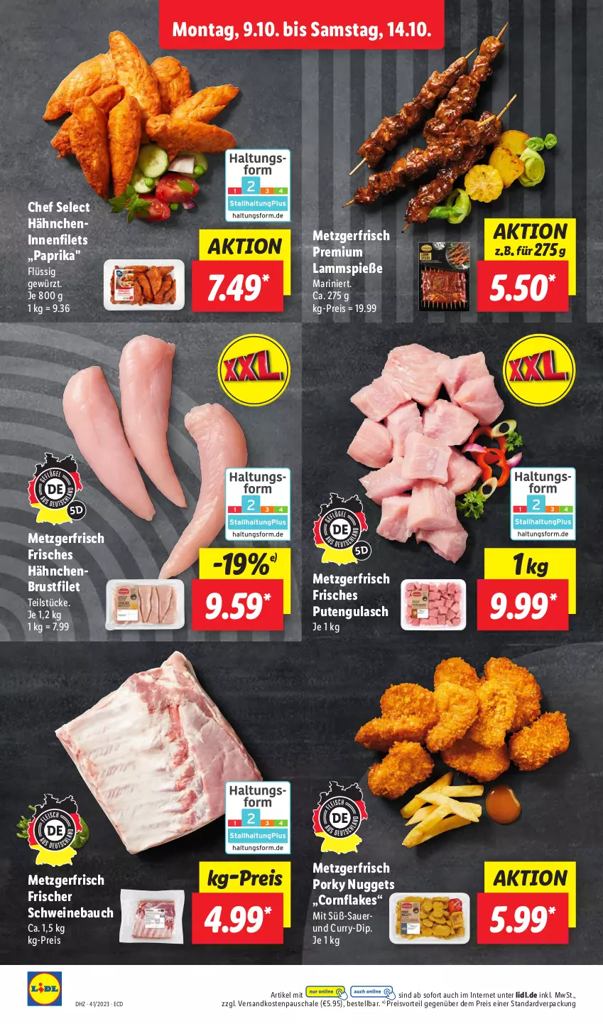 Aktueller Prospekt Lidl - Aktionsprospekt - von 09.10 bis 14.10.2023 - strona 8 - produkty: auer, Bau, brustfilet, curry, dip, eis, filet, filets, flakes, gewürz, gulasch, hähnchenbrust, hähnchenbrustfilet, lamm, Lammspieße, ndk, nuggets, paprika, preisvorteil, pute, reis, Schal, Schale, schwein, schweine, Schweinebauch, Ti, wein, weine