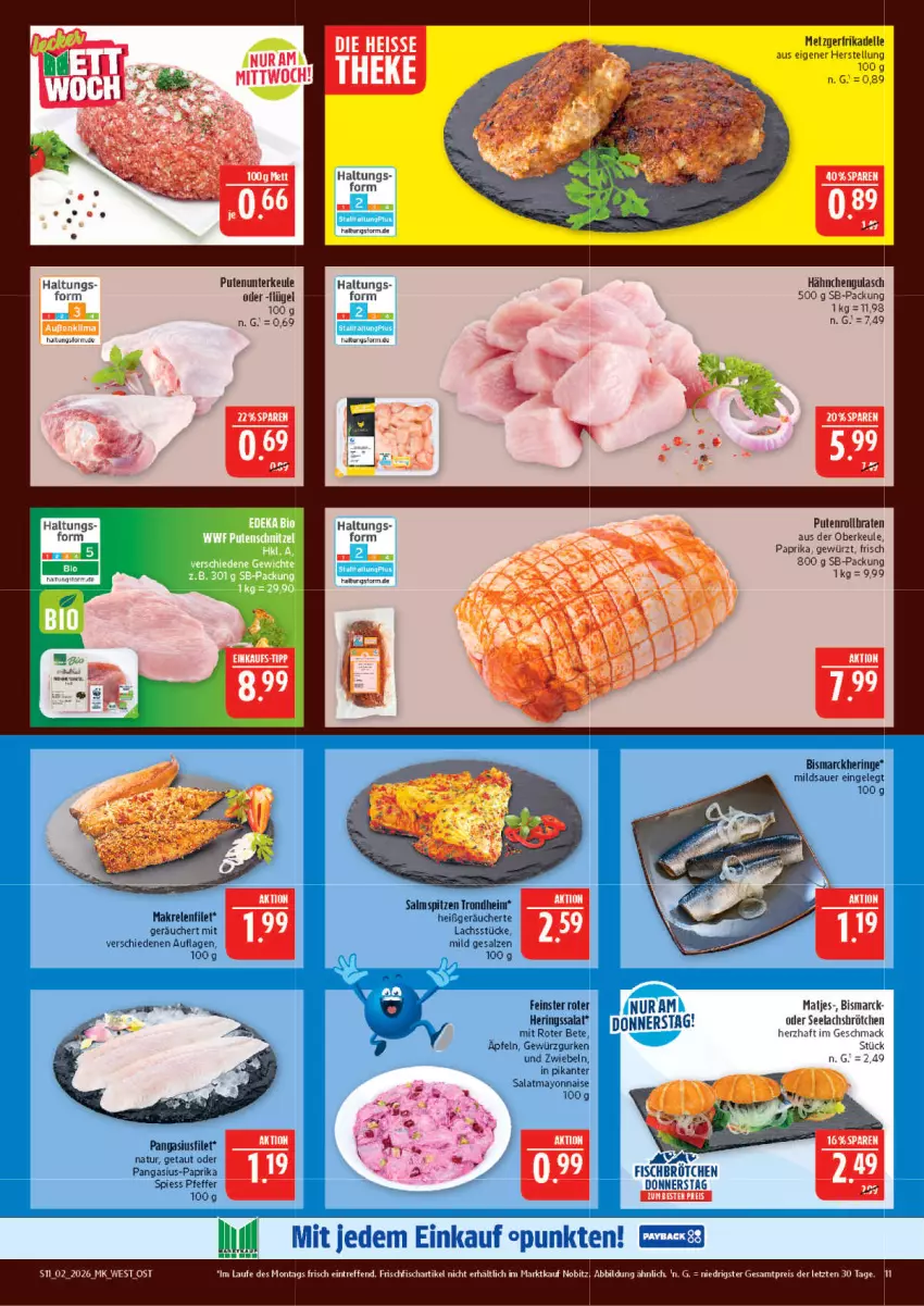 Aktueller Prospekt Marktkauf - Prospekt - von 04.01 bis 10.01.2026 - strona 11 - produkty: auer, bismarck, braten, brot, dell, eis, elle, filet, fisch, frischfisch, gewürz, Gewürzgurke, gewürzgurken, gulasch, gurke, gurken, hering, Herings, lachs, mac, Makrele, matjes, mayonnaise, natur, Pangasius, paprika, pfeffer, pute, Putenrollbraten, reis, rel, ring, rollbraten, salat, salz, Ti, Yo, ZTE, zwiebel, zwiebeln