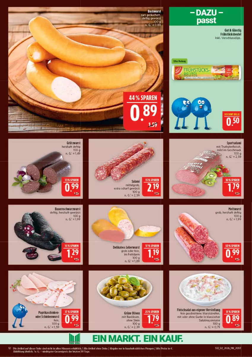 Aktueller Prospekt Marktkauf - Prospekt - von 04.01 bis 10.01.2026 - strona 12 - produkty: auer, basilikum, Bau, Bauer, beutel, eis, fleisch, fleischsalat, gewürz, grüne oliven, gurke, LG, mac, mayonnaise, Mett, mettwurst, olive, oliven, paprika, reis, salami, salat, schinken, schinkenwurst, Schwarzwurst, Sport, Ti, truthahn, wurst, Yo, ZTE