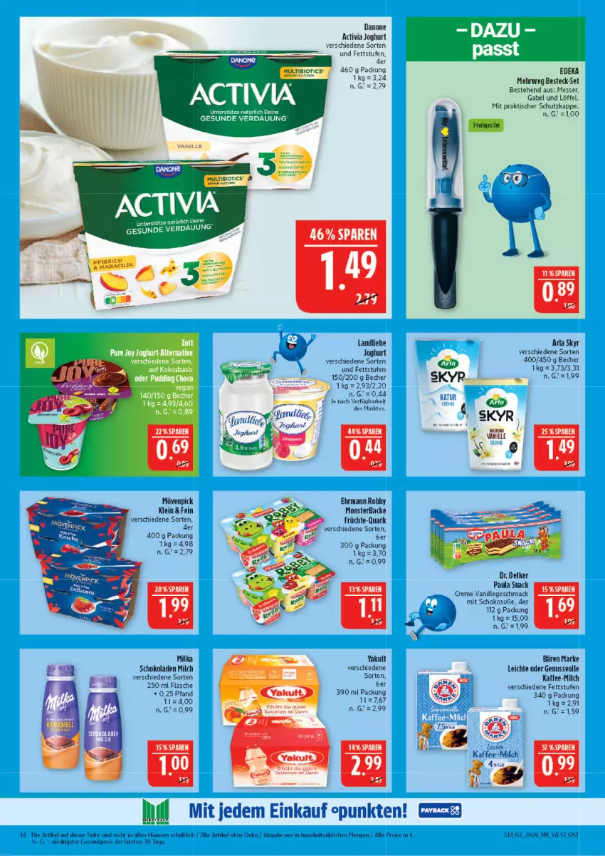 Aktueller Prospekt Marktkauf - Prospekt - von 04.01 bis 10.01.2026 - strona 14 - produkty: activia, activia joghurt, arla, arla skyr, Becher, besteck, besteck-set, bio, creme, danone, danone activia, deka, Dr. Oetker, ehrmann, eis, flasche, früchte, gabel, joghur, joghurt, landliebe, landliebe joghurt, Löffel, mac, maracuja, messer, milch, milka, milka schokolade, monster, mövenpick, natur, nuss, Paula, quark, reis, robby, rwe, schoko, schokolade, schokoladen, Skyr, snack, Soße, Ti, tisch, vanille, ZTE