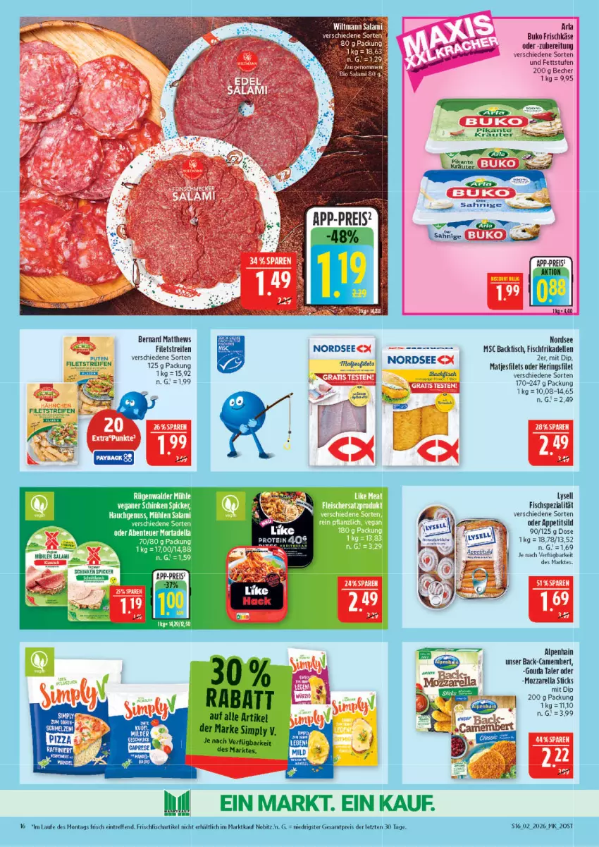 Aktueller Prospekt Marktkauf - Prospekt - von 04.01 bis 10.01.2026 - strona 16 - produkty: Alpenhain, arla, backfisch, Buko, dell, dip, eier, eis, elle, filet, filets, fisch, frikadellen, frischfisch, frischkäse, gouda, hering, Herings, Käse, kräuter, lysell, matjes, Matjesfilet, matjesfilets, mozzarella, Nordsee, pute, reifen, reis, rel, ring, salami, schinken, schinken spicker, sim, Ti, wiltmann, ZTE