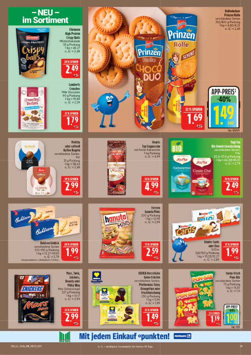 Aktueller Prospekt Marktkauf - Prospekt - von 04.01 bis 10.01.2026 - strona 19 - produkty: Amber, bahlsen, ball, bounty, Cap, cappuccino, cin, cola, debeukelaer, deka, ehrmann, ferrero, frucht, früchte, gelee, hanuta, kaffee, kakao, Kinder, Kugel, lambertz, melitta, milch, orange, pfeffer, pom-bär, prinzen rolle, schoko, schokolade, snickers, Ti