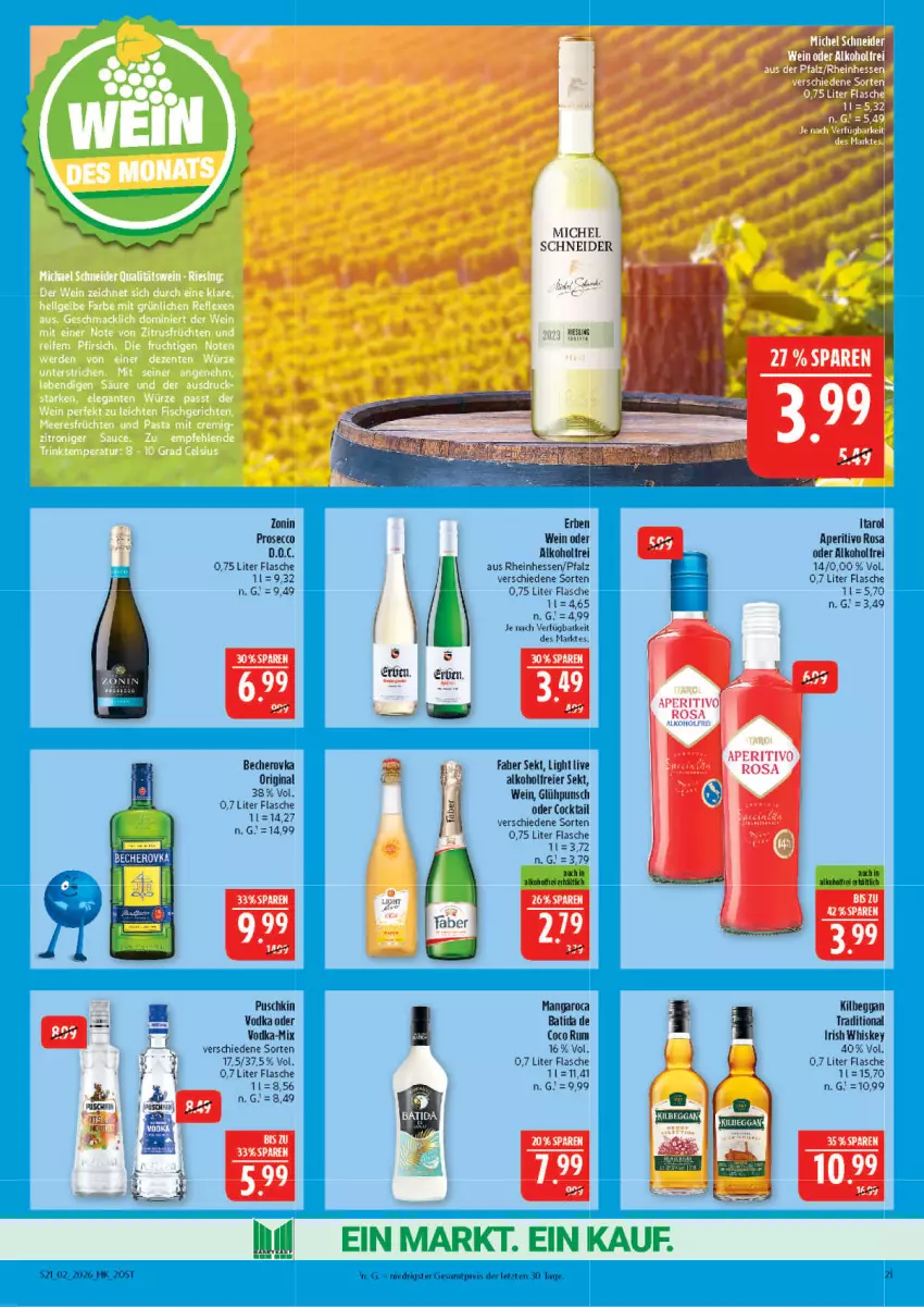 Aktueller Prospekt Marktkauf - Prospekt - von 04.01 bis 10.01.2026 - strona 21 - produkty: alkohol, batida, Becher, Becherovka, cocktail, ecco, eier, flasche, gin, hero, HP, irish whiskey, kilbeggan, mangaroca, prosecco, puschkin vodka, rum, sekt, tee, Ti, vodka, wein, whiskey, zonin