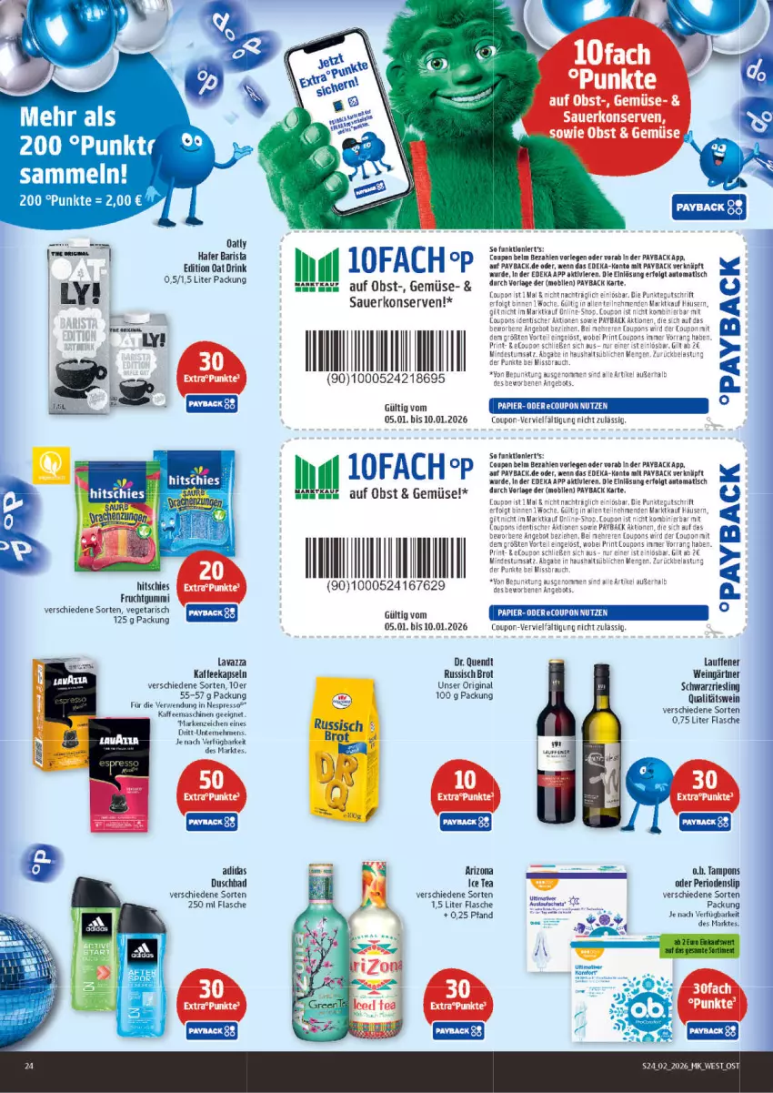 Aktueller Prospekt Marktkauf - Prospekt - von 04.01 bis 10.01.2026 - strona 24 - produkty: Adidas, angebot, auer, auto, Bad, brot, coupon, coupons, deka, drink, duschbad, espresso, flasche, frucht, fruchtgummi, gin, hafer, ice tea, kaffee, kaffeekapseln, kaffeemaschine, Konserven, lavazza, LG, nespresso, obst, payback, qualitätswein, Rauch, riesling, russisch brot, rwe, schwarzriesling, slip, Tampon, tampons, Ti, tisch, Vegeta, wein, Yo