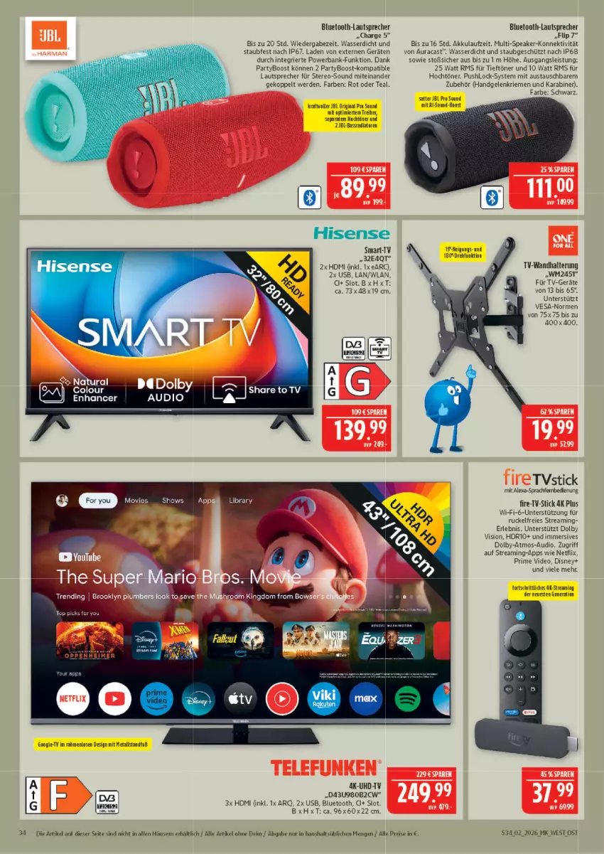 Aktueller Prospekt Marktkauf - Prospekt - von 04.01 bis 10.01.2026 - strona 34 - produkty: akku, alexa, aust, Bank, bluetooth-lautsprecher, deo, disney, eis, erde, fernbedienung, gin, HDMI, hisense, jbl, kraft, lautsprecher, netflix, powerbank, reis, Ti, uhd, UHD-TV, usb, wandhalterung, wasser, Yo
