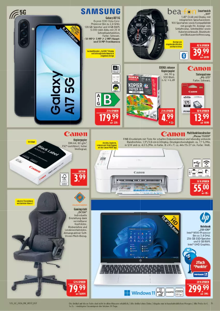 Aktueller Prospekt Marktkauf - Prospekt - von 04.01 bis 10.01.2026 - strona 35 - produkty: akku, auer, canon, deka, din a4, drucker, eis, elle, ente, frontkamera, HD Graphics, Intel, kamera, kopfstütze, kopierpapier, multifunktionsdrucker, notebook, papier, Rauch, reis, rückenlehne, Samsung, samsung galaxy, Samsung Galaxy A, schnellladefunktion, smartwatch, Sport, ssd, SSD-Speicher, stuhl, Ti, Tintenpatrone, uhd, usb, ZTE