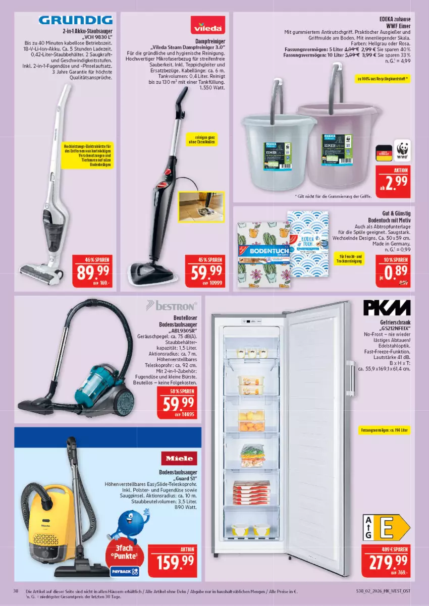 Aktueller Prospekt Marktkauf - Prospekt - von 04.01 bis 10.01.2026 - strona 38 - produkty: akku, Akku-Staubsauger, Behälter, beutel, bodenstaubsauger, bürste, dampfreiniger, deka, edelstahl, eimer, eis, gefrierschrank, Germ, grundig, HP, kraft, leine, LG, Liege, mikrofaser, Pinsel, reifen, reiniger, Reinigung, reis, Schrank, staubbeutel, staubsauger, Teleskop, teppich, Ti, tisch, tuc, vileda, ZTE