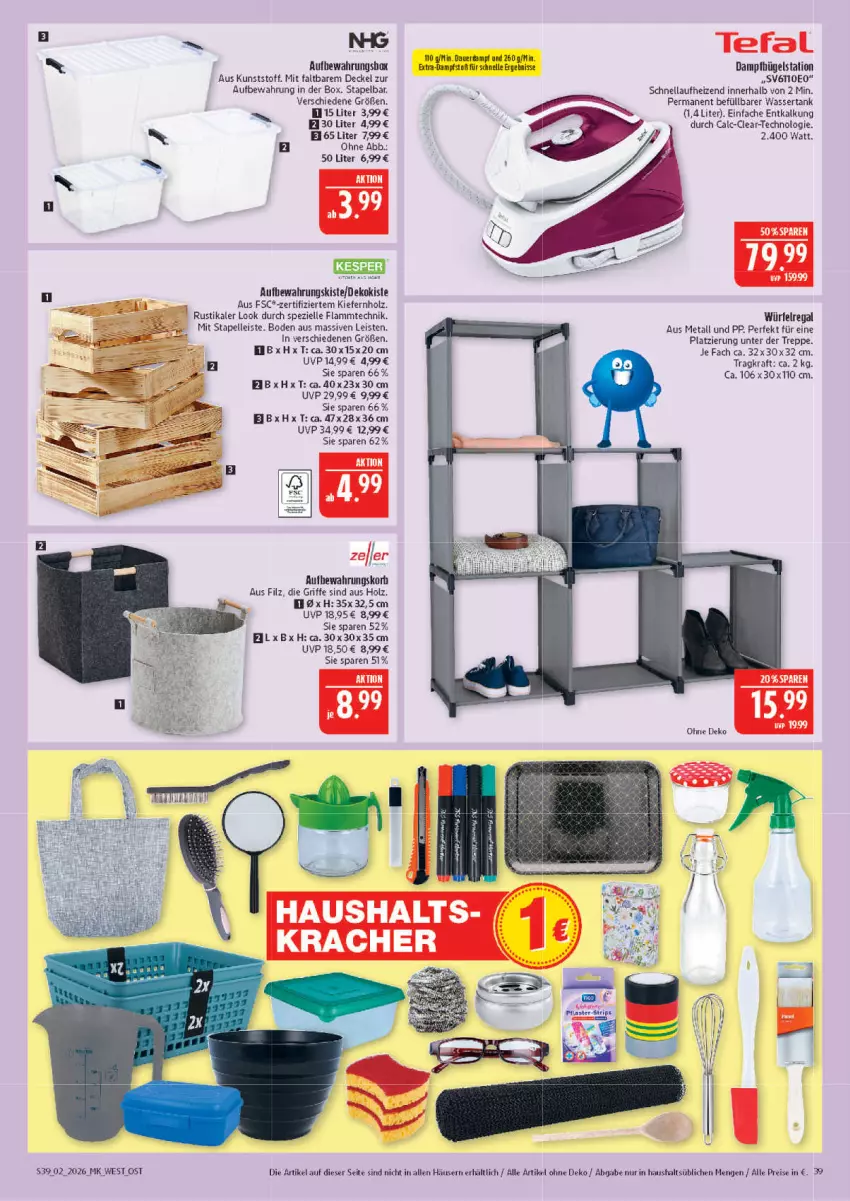 Aktueller Prospekt Marktkauf - Prospekt - von 04.01 bis 10.01.2026 - strona 39 - produkty: auer, aufbewahrungsbox, bett, bügel, Bügelstation, dampfbügelstation, decke, Deckel, eis, elle, Holz, kesper, korb, kracher, kraft, lamm, regal, reis, Spezi, tefal, Ti, wasser, wassertank, würfel