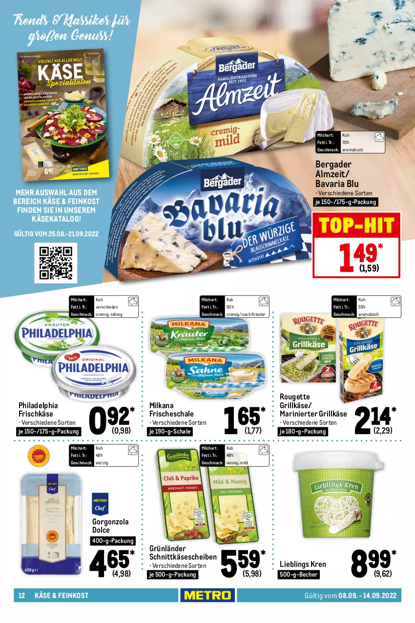 Aktueller Prospekt Metro - Food - von 08.09 bis 14.09.2022 - strona 12 - produkty: arla, arla skyr, bärenmarke, bavaria blu, Becher, bergader, butter, Butterschmalz, creme, eis, eiskaffee, feinkost, frische milch, frischkäse, gorgonzola, grill, Grillkäse, grünländer, irische butter, je 250-g-packung, joghur, joghurt, kaffee, Käse, käsescheiben, kerrygold, kräuter, mac, malz, milch, milka, milkana, molkereiprodukte, mövenpick, nuss, philadelphia, pudding, Ria, rouge, rougette, Schal, Schale, Schmalz, schnittkäse, schnittkäsescheiben, Skyr, Ti, tisch, top-hit, weihenstephan