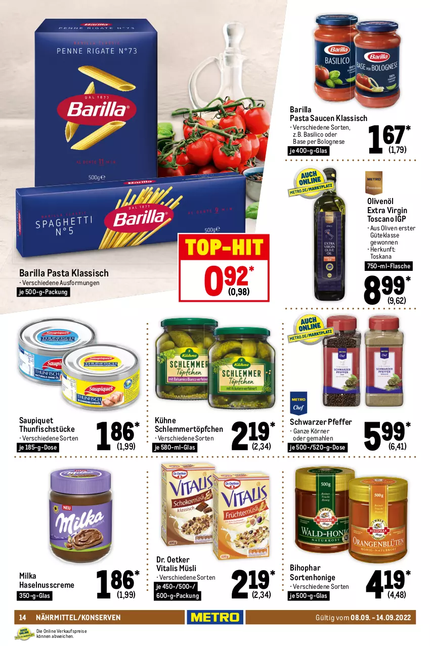 Aktueller Prospekt Metro - Food - von 08.09 bis 14.09.2022 - strona 14 - produkty: barilla, basilico, beutel, bihophar, bohne, bolognese, chips, choclait chips, choco crossies, creme, crossies, dolce gusto, Dr. Oetker, eis, fisch, flasche, getränk, getränke, gin, haselnuss, Haselnusscreme, honig, knoppers, Konserven, Kühne, lorenz, milka, müsli, Nescafé, nestlé, nuss, nussriegel, nutella, olive, oliven, olivenöl, olivenöl extra, pasta, Pasta Sauce, pfeffer, pringles, reis, riegel, ring, salz, sauce, saucen, saupiquet, schlemmertöpfchen, snack, storck, thunfisch, Ti, top-hit, Töpfchen, tortilla, Tortilla Chips, vita, vitalis, vitalis müsli