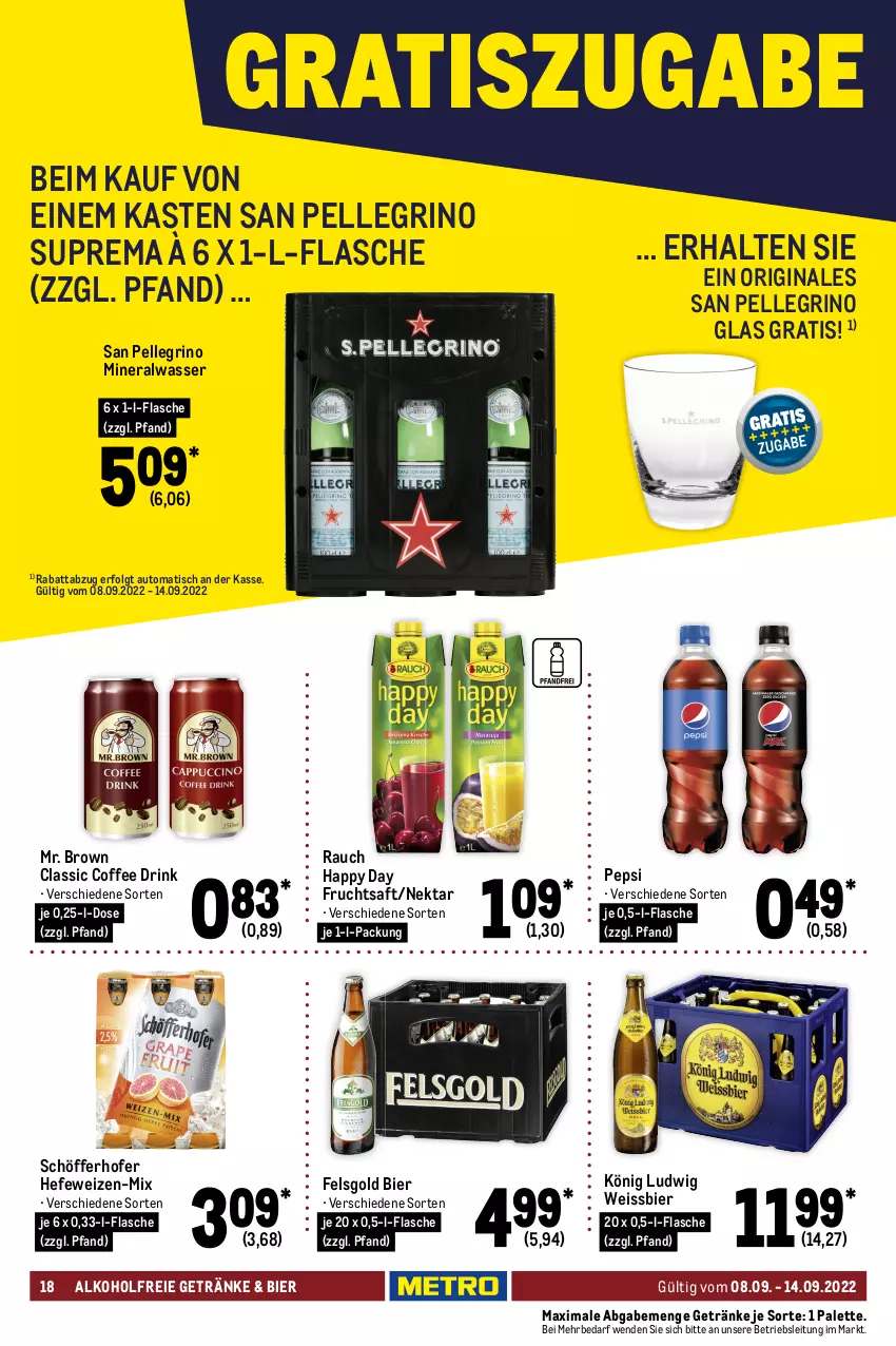 Aktueller Prospekt Metro - Food - von 08.09 bis 14.09.2022 - strona 18 - produkty: alkohol, alkoholfreie getränke, Alwa, auto, bier, Coral, drink, eis, elle, feinwaschmittel, flasche, Frosch, frucht, fruchtsaft, geschirr, geschirrspülmittel, getränk, getränke, gin, Happy Day, Hefe, hefeweizen, kosmetik, Kuschelweich, LG, mineralwasser, Nektar, Palette, papier, pepsi, Rauch, saft, san pellegrino, schöfferhofer, somat, spülmittel, Ti, tisch, toilettenpapier, top-hit, waschmittel, wasser, weichspüler, weissbier, xxl-packung, zewa