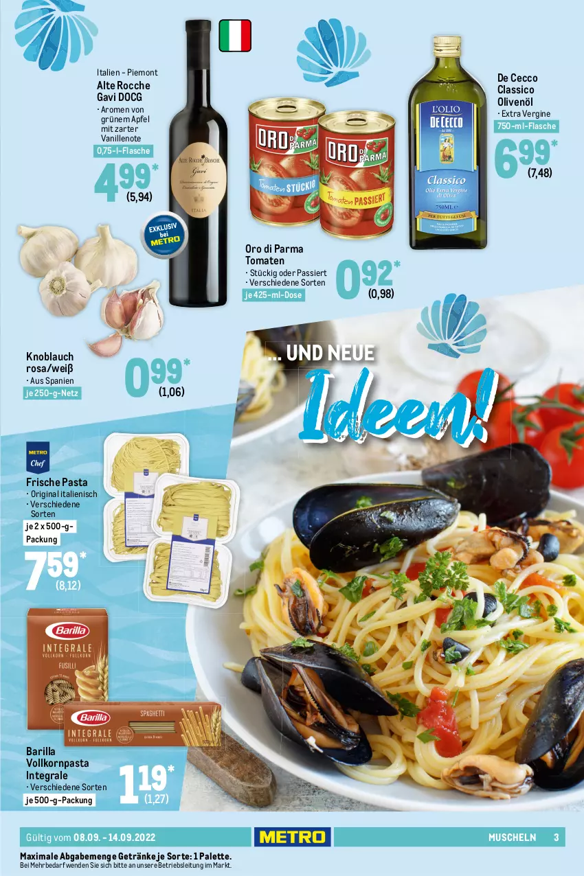 Aktueller Prospekt Metro - Food - von 08.09 bis 14.09.2022 - strona 3 - produkty: antipasti, apfel, aqua, asti, baguette, barilla, basilikum, beutel, classico, De Cecco, ecco, eis, flasche, fleisch, Frische Pasta, getränk, getränke, gin, knoblauch, Koriander, korn, kräuter, mac, Muscheln, Ofen, olive, oliven, olivenöl, oro di parma, Palette, pasta, Pastagericht, Ria, rum, Schal, Schale, steinofen, suppe, suppen, teppich, Ti, tomate, tomaten, vanille, wasser, Wild