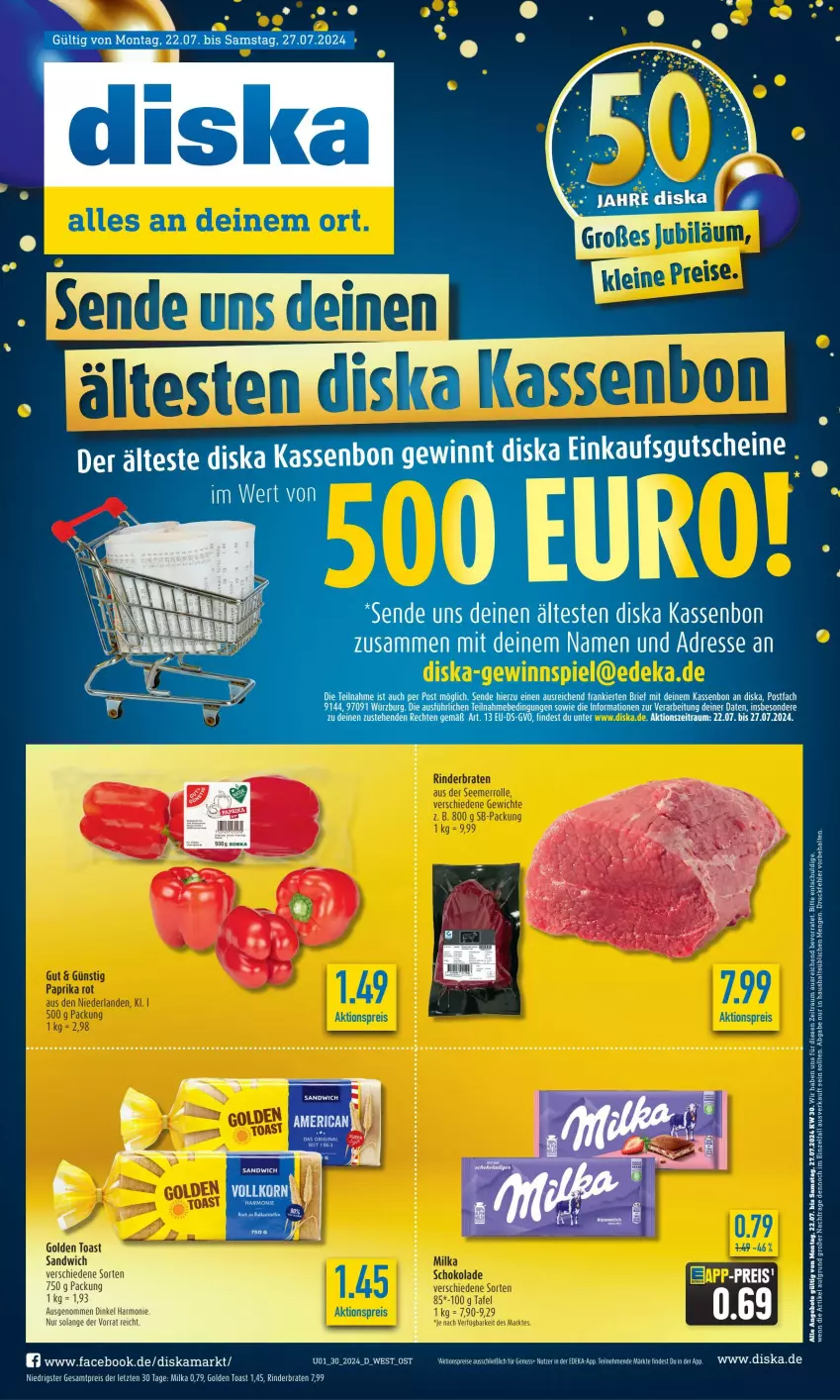 Aktueller Prospekt Diska - von 22.07 bis 27.07.2024 - strona 1 - produkty: aktionspreis, angebot, angebote, braten, deka, eis, ente, gewinnspiel, golden toast, LG, milka, nuss, reis, rind, rinder, rinderbraten, sandwich, tee, Ti, toast, ZTE